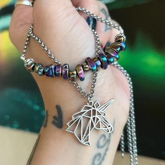 Double layer unicorn rainbow stones stainless steel adjustable choker necklace - Picture 9 of 12